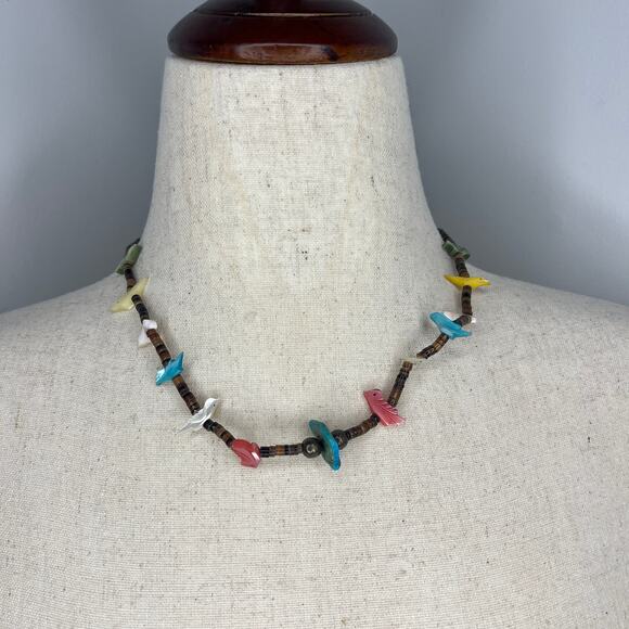 Zuni Fetish Necklace 10 Birds 18" Heishi Bead Native American Brown Multicolor - Picture 2 of 12